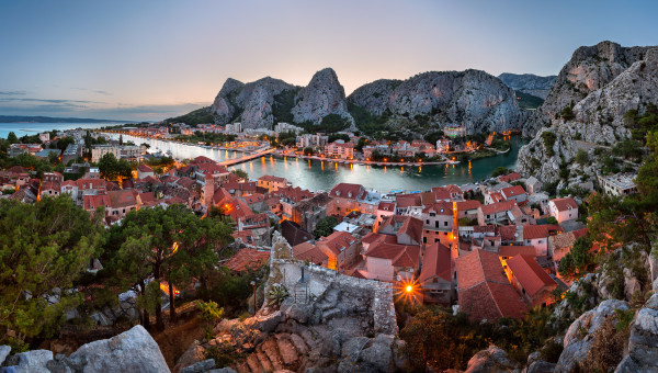 Aerial View of Omis Old Town and Cetina River Gorge, Dalmatia, Croatia